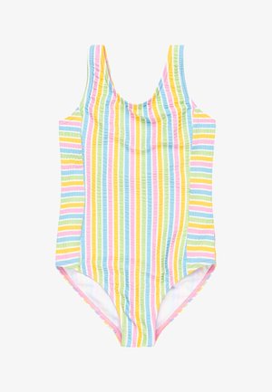 Gestreifter einteiliger Badeanzug mit horizontalen Linien in Blau, Grün, Pink und Gelb. Weicher Stoff mit Rundhalsausschnitt und taillierter Passform.