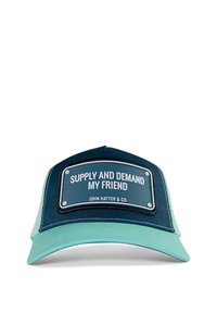 Trucker hat with a dark blue mesh back and light teal visor. Features a rectangular patch with text "SUPPLY AND DEMAND MY FRIEND" in bold white.