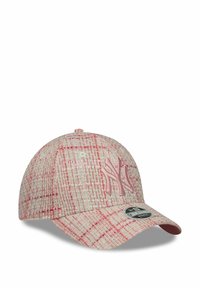 Mütze aus strukturiertem Stoff in Pink und Beige, mit einem gestickten "NY"-Logo in Pink und einem gebogenen Schirm mit einem schwarzen Etikett.