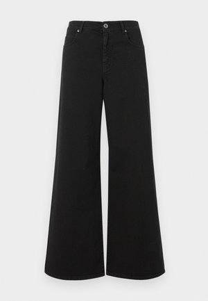 Zwarte wijde spijkerbroek van denim, met een hoge taille, vijf zakken, knoopsluiting en een nette afwerking zonder versieringen.