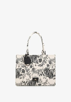 Borsa a tracolla in tela con design floreale nero su sfondo crema. Presenta due manici, un'etichetta rimovibile e una placca con logo.