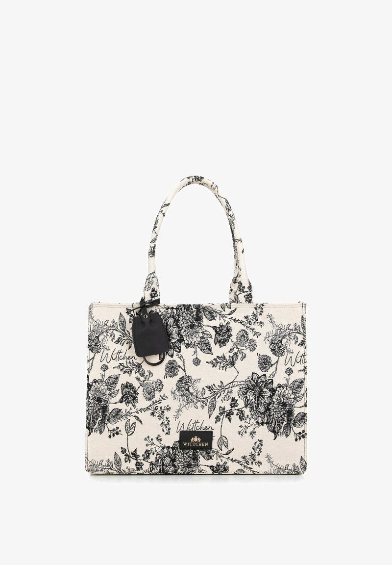 Canvas draagtas met zwart bloemenontwerp op een crèmekleurige achtergrond. Voorzien van twee handvaten, een afneembare label en een logo plaatje.