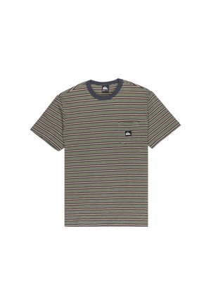 Striped t-shirt featuring horizontal lines in green, black, and purple. Round navy collar with a chest pocket and logo detail. Cotton material.