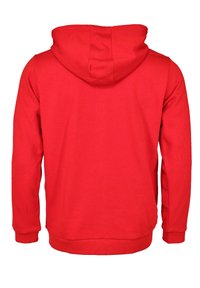 Rød hættetrøje med lange ærmer, ribbede manchetter og kant, blød tekstur og et minimalistisk design. Ingen synlige detaljer foran.