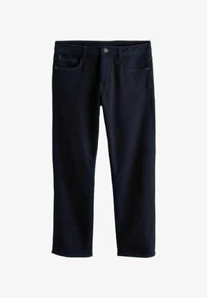 Dunkelblaue Jeans aus Denim mit klassischem Fünf-Taschen-Design, geradem Bein und kontrastierender gelber Naht entlang der Nähte und Taschen.