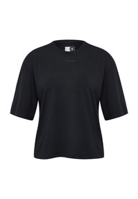 Sort kortærmet t-shirt lavet af blødt stof, med rund halsudskæring og afslappet pasform. Har et lille logo på fronten.