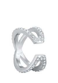 Bague en argent avec une double bande formant une forme de vague stylisée. Embellie de petits cristaux transparents le long des bords. Marquée '925'.