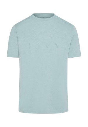 Lichtblauw T-shirt met korte mouwen, een ronde hals en een subtiele reliëflogo op de borst. Gemaakt van katoen, met een zachte textuur.