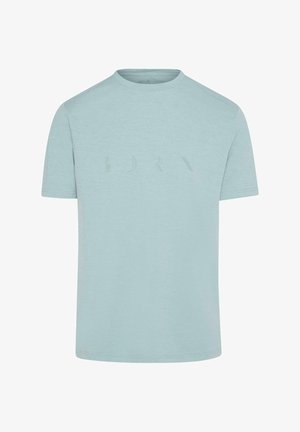 Helles blaues T-Shirt mit kurzen Ärmeln, Rundhalsausschnitt und dezentem, erhabenem Logo auf der Brust. Aus Baumwolle gefertigt, mit angenehm glatter Textur.