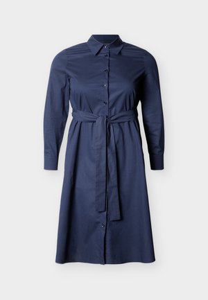 Navy blue long-sleeve shirt dress with collar, button-down front, and self-tie belt at the waist, knee-length hem.
