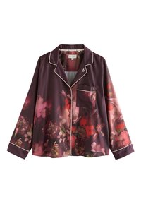 Sötét bordó alapon virágmintás pizsamaing, fehér szegéllyel, hosszú ujjal és mellzsebbel. Simább anyagból készült.