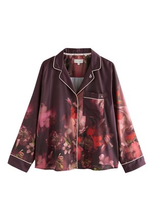 Pyjamashirt in donkerkastanjebruin met bloemenpatroon, voorzien van witte bies, lange mouwen en een borstzak. Gemaakt van gladde stof.