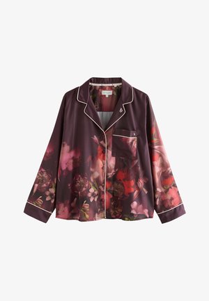 Pyjamashirt in donkerkastanjebruin met bloemenpatroon, voorzien van witte bies, lange mouwen en een borstzak. Gemaakt van gladde stof.