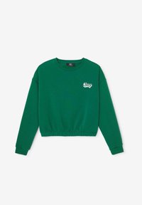 Groene cropped sweatshirt met lange mouwen, geribde manchetten en onderrand. Heeft een geborduurd wit "Cherry" logo op de voorkant. Zachte stoftextuur.