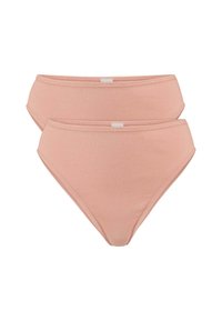 Zwei Paare von hoch geschnittenen Bikinislips aus weichem, dehnbarem Stoff in einem hellen Rosaton, mit elastischen Taillenbändern und nahtlosen Kanten.