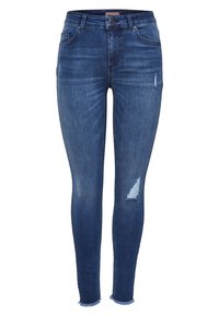Jeans skinny em denim azul escuro com leve desgaste nos joelhos, design de cinco bolsos e bainha desfeita. Textura suave, forma ajustada.