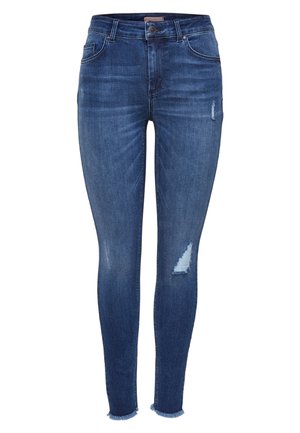 Jeans skinny em denim azul escuro com leve desgaste nos joelhos, design de cinco bolsos e bainha desfeita. Textura suave, forma ajustada.