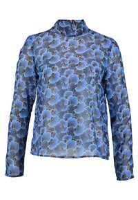 Blå blommig blus med långa ärmar, hög hals och genomskinligt tyg. Har ett upprepat blommönster med svarta konturer och olika nyanser av blått.