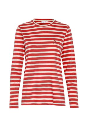 Rot-weiß gestreifte Langarmbluse mit rundem Halsausschnitt und kleiner Schleifenbestickung auf der linken Brust. Weiches Baumwollmaterial.