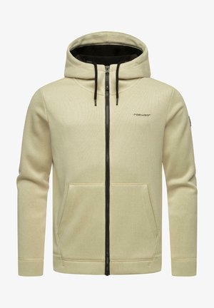 Krémová mikina na zips s čiernym zipsom, predné vrecká, hrubá látka, kapucňa so šnúrkou a jemné logo na ľavej hrudi.