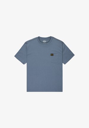 Light blue short-sleeve t-shirt made of cotton, featuring a chest pocket and a small branded label on the pocket. Smooth texture.
