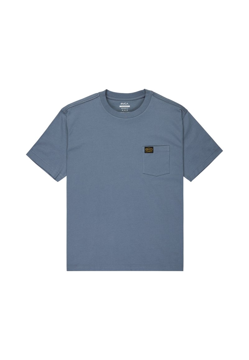 Light blue short-sleeve t-shirt made of cotton, featuring a chest pocket and a small branded label on the pocket. Smooth texture.