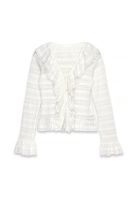 Cardigan blanc à volants avec un col en V profond, présentant des rayures texturées et des manches évasées. Des boutons à l'avant ajoutent du détail au design.