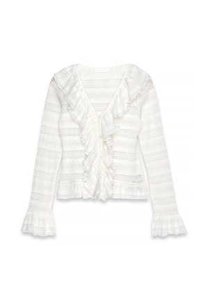 Hvid volang cardigan med en dyb V-hals, der har teksturerede striber og klokkeærmer. Knapper foran tilføjer detaljer til designet.
