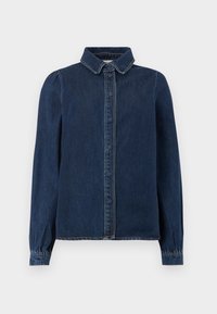 Dark blue denim shirt with a classic collar, front buttons, and long sleeves with gathered cuffs. Features contrast stitching throughout.