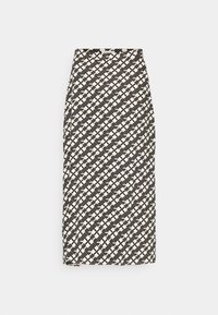 Jupe mi-longue noire et blanche à motif géométrique, coupe droite, présentée sur un fond gris clair uni.