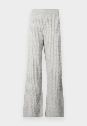 Gray ribbed knitted wide-leg trousers with a textured pattern and an elastic waistband, featuring a soft fabric finish.