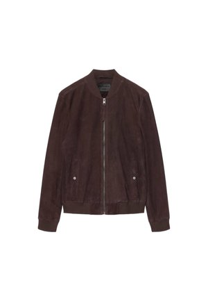 Veste bomber en daim marron foncé avec fermeture éclair à l'avant, col, poignets et ourlet côtelés, et deux poches latérales à boutons-pression.