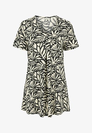 T-shirt med sort og cremefarvet blomstermønster, korte ærmer, V-hals og afslappet pasform, med et flydende design og blød stofstruktur.