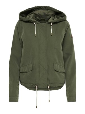 Olivgrüne Kapuzenjacke mit Kordelzug, zwei vorderen Klappentaschen, langen Ärmeln und gepolstertem Innenfutter.