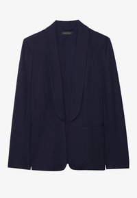 Blazer bleu marine en tissu lisse, doté d'un col châle, de deux poches avant, et sans fermetures pour un style ajusté.