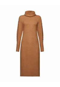 Robe en maille de couleur marron chaud avec un col montant, des manches longues et des détails en câble texturé le long des manches. Conception mi-longue.
