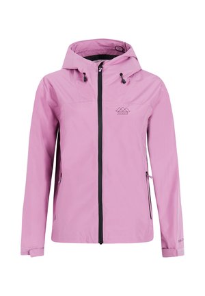 Lichtpaarse gewatteerde jas met capuchon, rits aan de voorkant, verstelbare trekkoorden, met ritssluitingen uitgevoerd zijzakken en een klein berglogo op de borst.