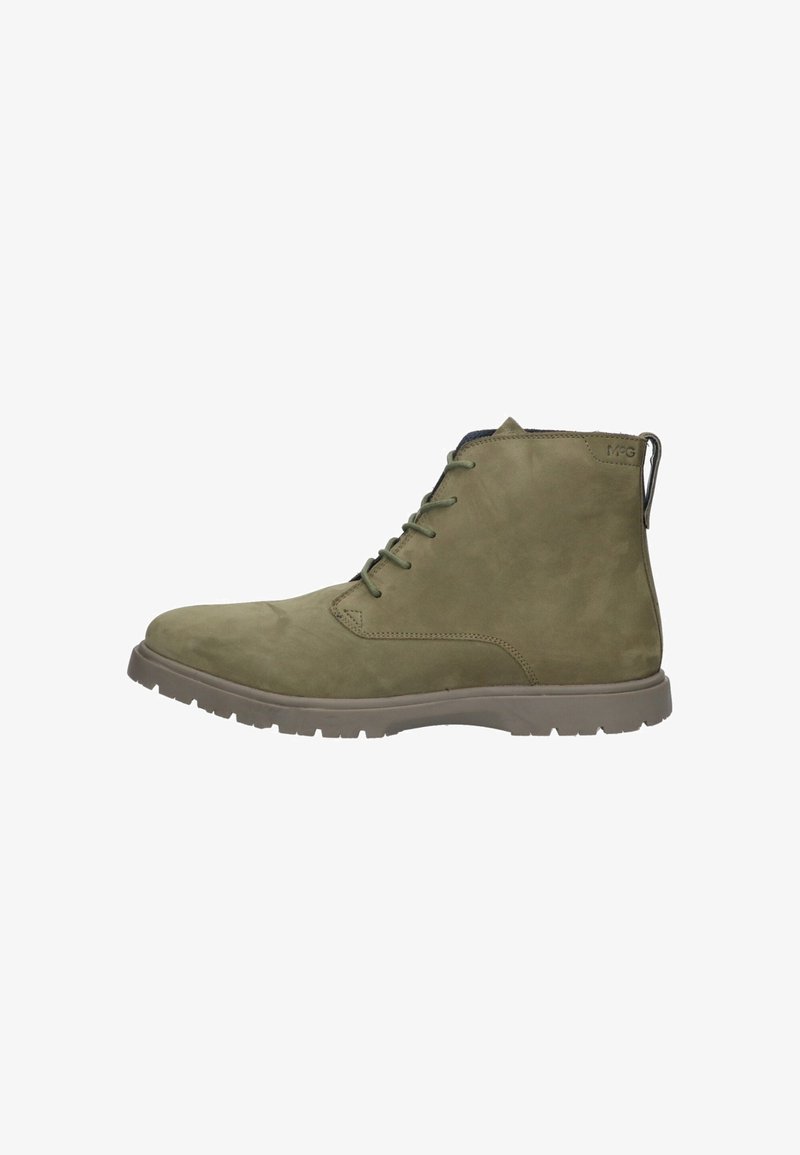Olive green suede ankle boots with a round toe, lacing system, and reinforced heel. Features a textured rubber sole and fabric lining.