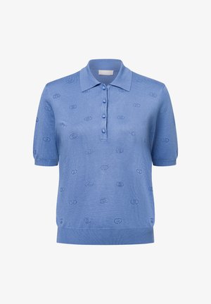 Polo shirt blu in maglia con maniche corte, patta con bottoni e motivi circolari in rilievo su tutta la superficie. Dettagli con orlo e colletto a coste.