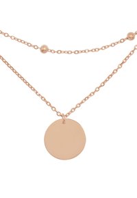 Collana con pendente in oro rosa, caratterizzata da un ciondolo a disco circolare, con una delicata catena adornata da piccole perline rotonde e una texture complessivamente liscia.