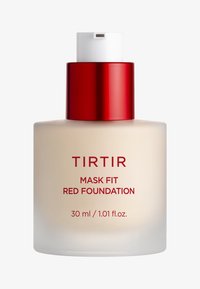 Podkład Tirtir Mask Fit Red w matowej butelce ze szkła, cylindryczny kształt, biały dozownik, czerwony metalowy akcent, oznakowany szczegółami produktu.