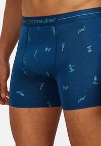 Mörkblå boxerbriefs gjorda av mjukt material, med ett upprepat ljusblått abstrakt mönster av vintersportfigurer och en märkeslinning.