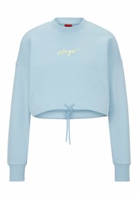 Sudadera corta azul clara con mangas largas, puños acanalados y dobladillo con cordón. Presenta texto bordado en amarillo "Hugo" en el frontal.