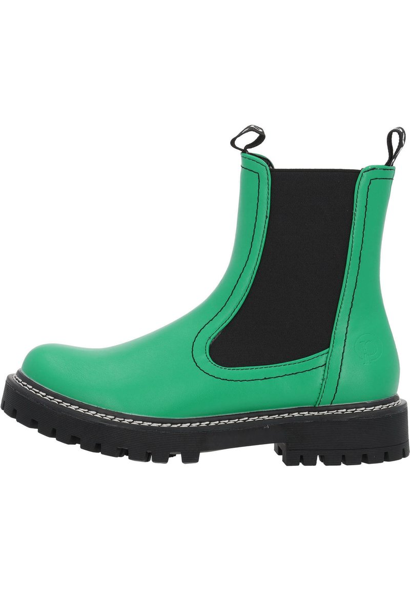 Botín Chelsea de caucho verde con paneles elásticos negros, lengüetas, suela gruesa negra y costuras decorativas blancas, con una textura lisa.