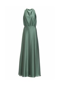 Satin-langkleid in gedämpftem Grün, mit gerafftem Ausschnitt, elastischem Taillenbund und fließendem Rock mit glatter Textur.