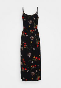 Musta maksimekko kukkakuviolla, jossa on ohuet olkaimet ja vartalonmyötäinen vyötärö. Esiintyy värikkäitä kukkakuvioita punaisessa, vaaleanpunaisessa ja keltaisessa. Sileä kangaspinta.