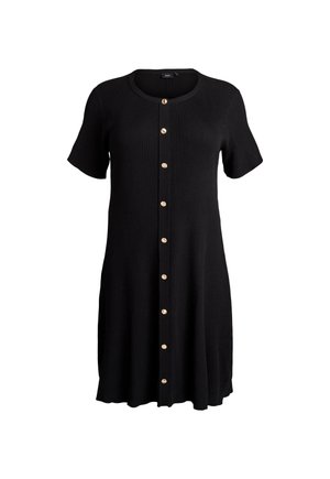 Crna rebrasta pletena haljina s kratkim rukavima, okruglim izrezom i zlatnim gumbima sprijeda. Blago prošireni rub.