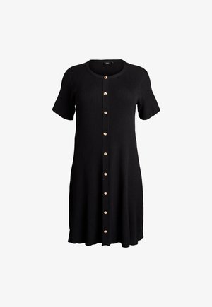 Schwarzes, geripptes Strickkleid mit kurzen Ärmeln, rundem Ausschnitt und goldfarbenen Knöpfen vorne. Leicht ausgestellter Saum.