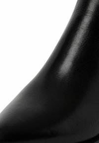 Gros plan sur une bottine en cuir noir poli à bout pointu, mettant en valeur la texture lisse et la brillance subtile.