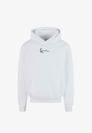 Sudadera blanca con capucha hecha de algodón. Presenta un bolsillo frontal tipo canguro y un logotipo negro escrito a mano en el pecho. Tela suave y texturizada con puños de canalé.